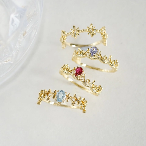 S925 Sterling Silver 14K Gold Plated Gemstone Ring Vintage Hollow Lace Lab Ruby Tanzanite Topaz Zirconia Jewelry For Women