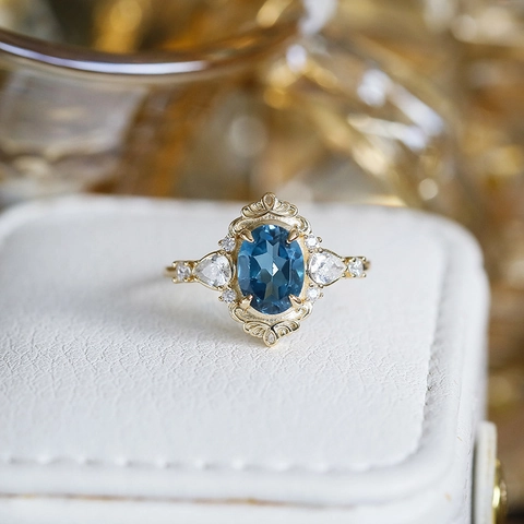 Vintage Blue Topaz Ring 925 Sterling Silver 14K Gold Plated Oval Gemstone Filigree Zirconia Luxury Jewelry For Women Gift