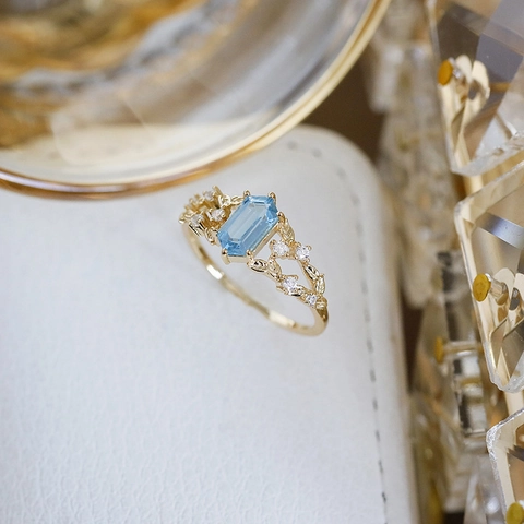 S925 Sterling Silver 14K Gold Plated Swiss Blue Topaz Ring For Women Hollow Leaf Design Zirconia Inlaid Vintage Jewelry