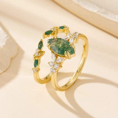 925 Sterling Silver 14K Gold Plated Moss Agate Stackable Ring Set For Women Vintage Marquise Green Gemstone Zircon Jewelry