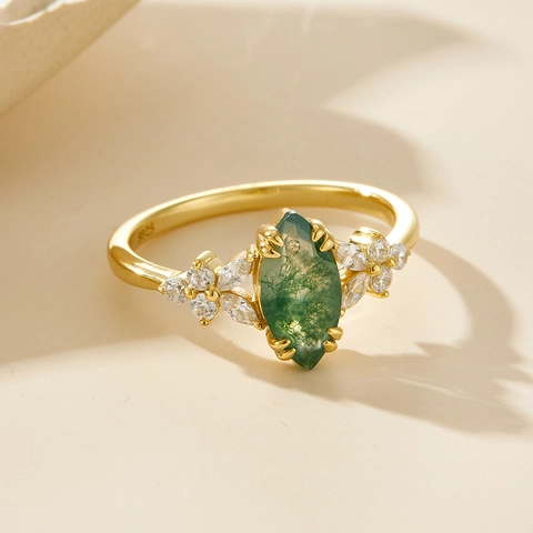 925 Sterling Silver 14K Gold Plated Moss Agate Stackable Ring Set For Women Vintage Marquise Green Gemstone Zircon Jewelry