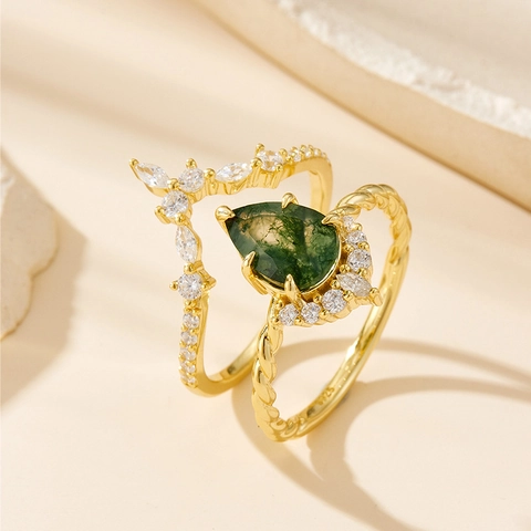Vintage 925 Sterling Silver Moss Agate Ring Set For Women 14K Gold Plated Pear Cut Green Agate Zirconia Stackable Crown V Ring Jewelry