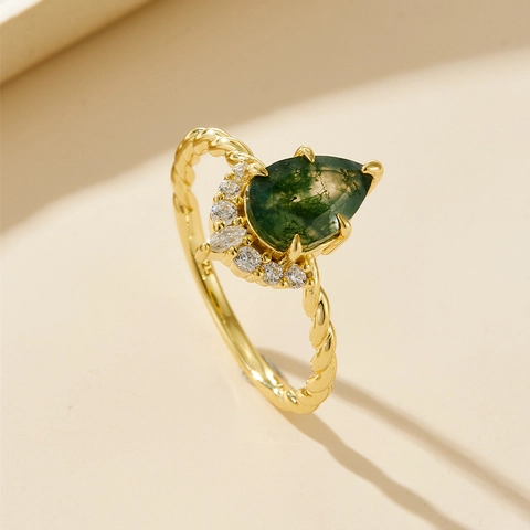 Vintage 925 Sterling Silver Moss Agate Ring Set For Women 14K Gold Plated Pear Cut Green Agate Zirconia Stackable Crown V Ring Jewelry