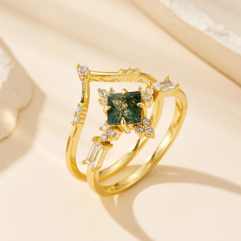 925 Sterling Silver Moss Agate Ring Set For Women Vintage Court Style Square Zirconia Stackable Gold Plated Niche Luxury Jewelry