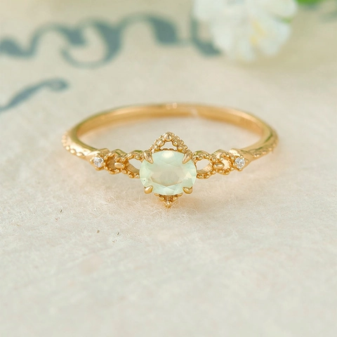 Natural Prehnite Ring 925 Sterling Silver Gold Plated Vintage Oval Gemstone Ring For Women Elegant Daily Commute Jewelry