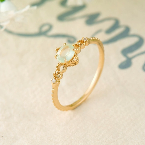 Natural Prehnite Ring 925 Sterling Silver Gold Plated Vintage Oval Gemstone Ring For Women Elegant Daily Commute Jewelry