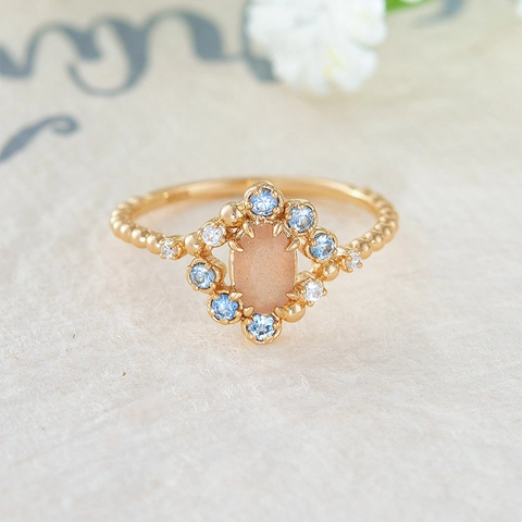 Anillo de Plata de Ley S925 Piedra Lunar Naranja Natural Chapado en Oro de 14K Espinela Azul Zirconia Flor Joyería Mujer