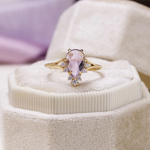 Natürlicher Brasilianischer Amethyst 925 Sterlingsilber Ring Birnenform Lila Edelstein 14K Vergoldeter Luxus Ring Damen Schmuck