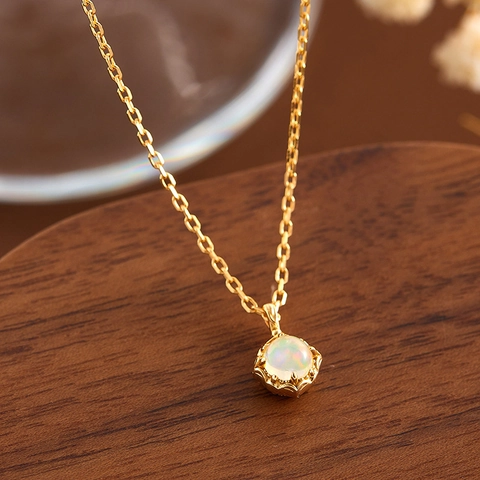 Palace Natural African Opal Necklace S925 Sterling Silver 14K Gold Plated Round Zircon Pendant Women Jewelry Gift
