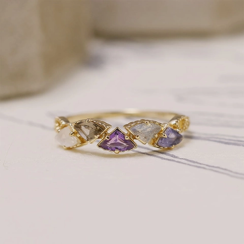 Vintage 925 Sterling Silver Multi Gemstone Ring For Women Gold Plated Labradorite Iolite Amethyst Geometric Finger Ring Jewelry