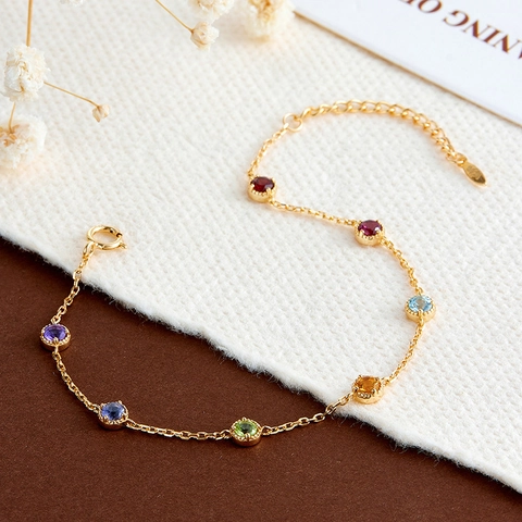 925 Sterling Silver Rainbow Bubble Bracelet For Women 14K Gold Plated Natural Amethyst Peridot Topaz Citrine Colorful Gemstone Link Bracelet Adjustable Jewelry Gift