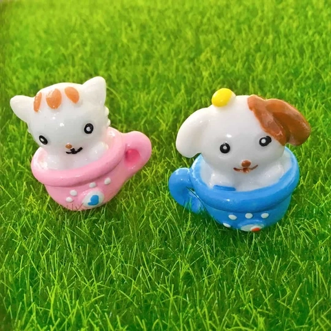 Cute Resin Cartoon Teacup Cat And Dog Figurines Desktop Ornament For Home Office Decor Micro Landscape Miniature Animals