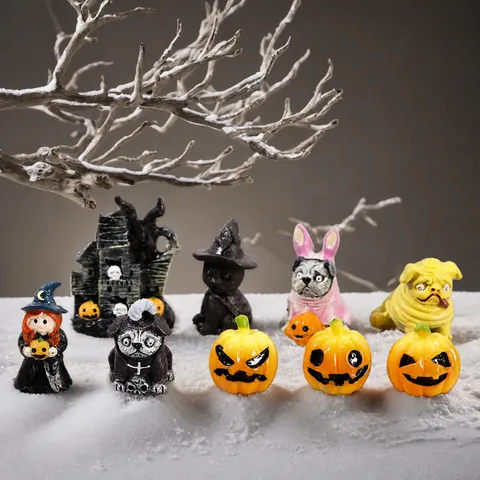 Halloween Micro Landscape Resin Ornaments Witch Pumpkin Black Cat Pug Dog Figurines DIY Crystal Ball Accessories Desktop Decor