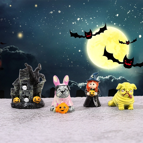 Halloween Micro Landscape Resin Ornaments Witch Pumpkin Black Cat Pug Dog Figurines DIY Crystal Ball Accessories Desktop Decor