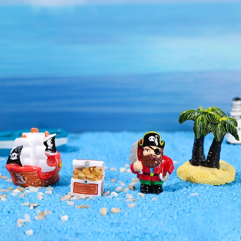 Adorno de Resina de Tema Pirata en Miniatura Barco de Dibujos Animados Cofre del Tesoro Palmera para Acuario Hogar Oficina