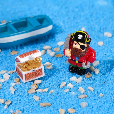 Adorno de Resina de Tema Pirata en Miniatura Barco de Dibujos Animados Cofre del Tesoro Palmera para Acuario Hogar Oficina