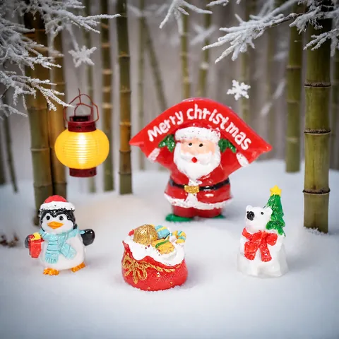 Christmas Miniature Resin Ornaments Santa Claus Polar Bear Penguin Figurines Snow Scene Micro Landscape Home Decor Gifts