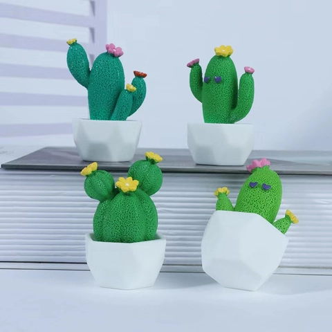 Mini Ornement en Résine de Cactus Artificiel Jolie Plante en Pot de Dessin Animé Avec Pot Blanc Décoration de Bureau