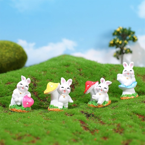 Figurines Miniatures de Lapin de Champignon en Résine Mignonne Ornement de Petit Lapin Blanc de Dessin Animé pour la Décoration de Bureau à Domicile de Micro Paysage de Jardin de Fées