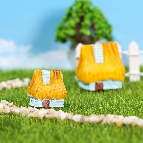 Miniature Thatch House Figurine Resin Rural Farmhouse Fairy Garden Micro Landscape Decoration For Succulent Pot Home Decor