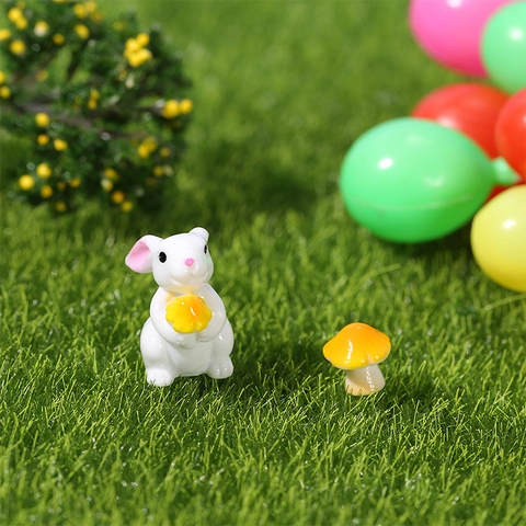 Cute Resin Rabbit Holding Mushroom Micro Landscape Ornament Miniature Fairy Garden Accessories For DIY Terrarium Potted Plant Home Desk Decor