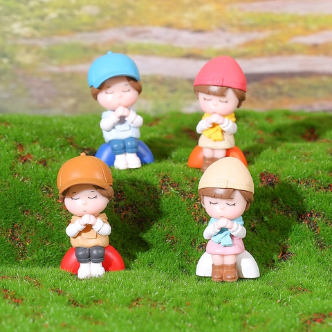 Cartoon Wishing Little Boy Girl Resin Ornaments For Succulent Moss Micro Landscape Decor Desktop Home Garden Statues