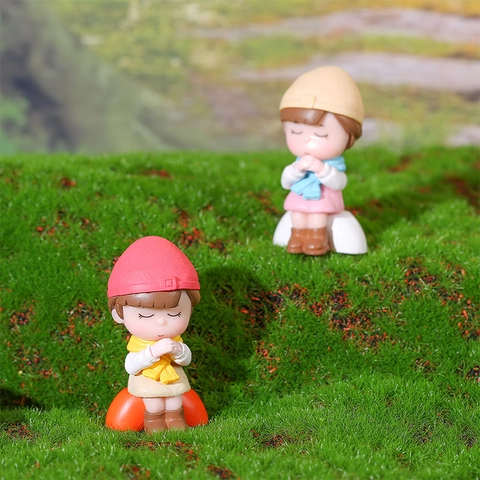 Cartoon Wishing Little Boy Girl Resin Ornaments For Succulent Moss Micro Landscape Decor Desktop Home Garden Statues