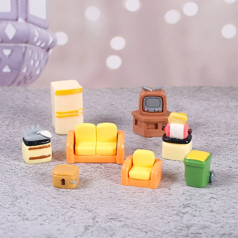Miniature Dollhouse Furniture Set Resin Sofa TV Refrigerator Toaster Trash Can DIY Micro Landscape Desk Decor