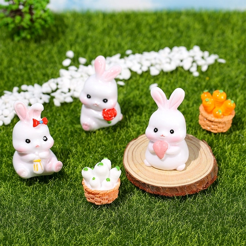 Miniature Resin Rabbit Figurines Cartoon Bunny Radish Basket Micro Landscape Fairy Garden Home Desktop Decor Accessories Collection