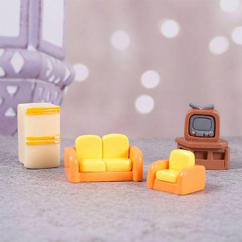 Miniature Dollhouse Furniture Set Resin Sofa TV Refrigerator Toaster Trash Can DIY Micro Landscape Desk Decor