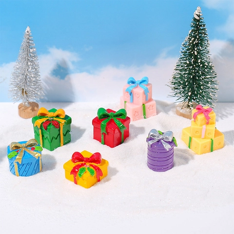 Christmas Miniature Resin Gift Box Ornaments Colorful DIY Micro Landscape Decoration Xmas Bow Case Dollhouse Figurines