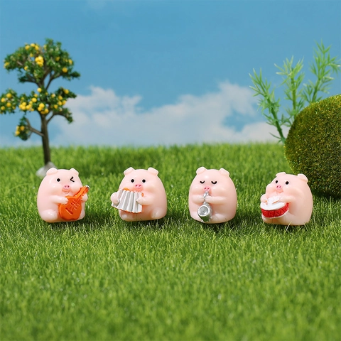 Cute Pink Pig Musical Band Resin Figurines For Miniature Micro Landscape Decoration Cartoon Animal Desktop Ornaments Gift