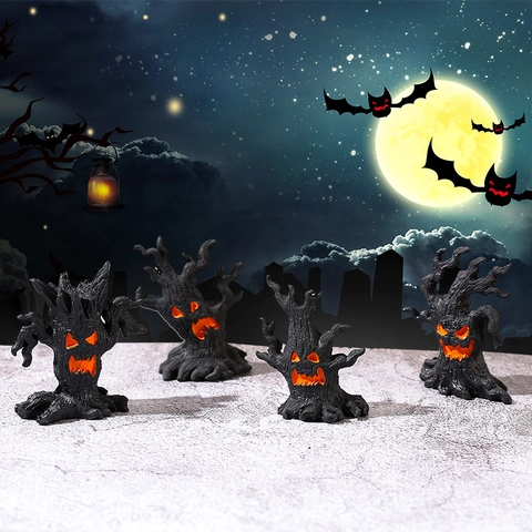 Halloween Mini Evil Tree Monster Hars Ornamenten Gloeiende Ogen Mond Horror Micro Landschap Decoratieve Beeldjes Voor Feest Tafel Decor