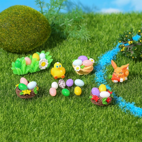 Figuritas Miniatura de Pascua Resina Conejo Huevo Pollito Nido Colección Para Micro Paisaje DIY Jardín Hogar Decoración