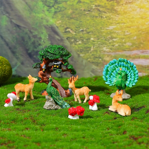 Resin Miniature Landscape Ornaments Simulation Peacock Deer Mushroom Tree House Figurines For DIY Fairy Garden Decoration