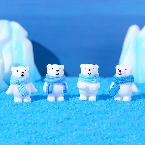 Resin Micro Landscape Polar Bear Figurines With Blue Scarf For Winter DIY Snow Scene Decor Miniature Polar Bear Ornaments