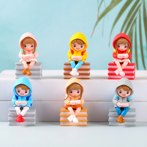 Hars Cartoon Meisje Leest Boek Figuur Bureau Ornament Micro Landschap Decoratie Schattig Meisje Met Capuchon Standbeeld Huis Decor Cadeau