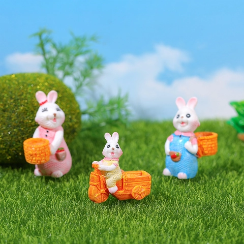 Miniature Resin Rabbit Figurines Bunny Statue With Flower Basket For Succulent Pot Micro Landscape Decor Fairy Garden Ornament