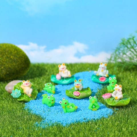 Figuritas de Rana de Resina Decoración de Paisaje en Miniatura Hoja de Loto Estatuas de Animales para Jardín Hogar Planta Escritorio