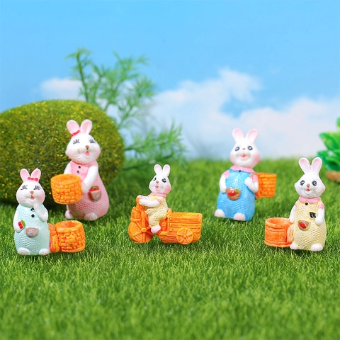Miniature Resin Rabbit Figurines Bunny Statue With Flower Basket For Succulent Pot Micro Landscape Decor Fairy Garden Ornament
