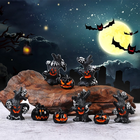 Halloween Miniature Figurine Spooky Resin Tree Trunk Pumpkin Skeleton Spider Decor DIY Micro Landscape Garden Ornament