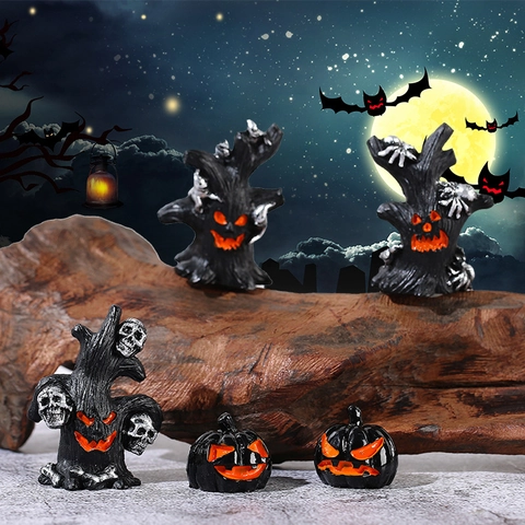 Halloween Miniature Figurine Spooky Resin Tree Trunk Pumpkin Skeleton Spider Decor DIY Micro Landscape Garden Ornament