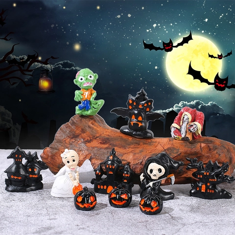Halloween Miniatur Harz Ornamente Geist Zauberer Haus Kürbis Zombie Figuren Für Desktop Mikrolandschaft Party Dekor