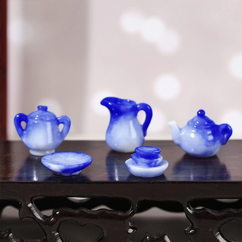 Miniature Blue White Porcelain Style Dollhouse Accessories Simulation Kitchen Tableware Ornaments For Home Decor Gift