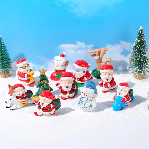 Set di Figurine in Resina Natalizie in Miniatura Babbo Natale Pupazzo di Neve Renna Albero di Natale Micro Paesaggio Ornamenti
