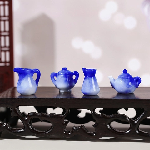 Miniature Blue White Porcelain Style Dollhouse Accessories Simulation Kitchen Tableware Ornaments For Home Decor Gift