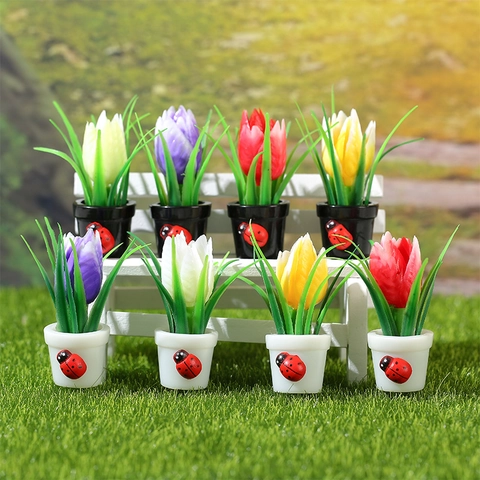 Miniatur Künstliche Tulpen Topfpflanze Harz Mikrolandschaft Schreibtisch Dekor Blume Ornament Für Puppenhaus Büro Home Dekoration