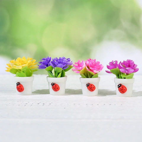 Casa delle Bambole Miniatura Pianta in Vaso Simulazione Fiore Artigianato in Resina Con Decorazione Coccinella per Micro Paesaggio Arredamento da Tavolo