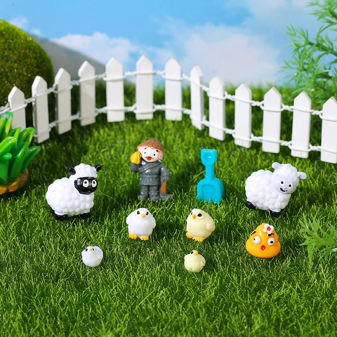 Farm Animal Micro Landscape Ornaments Resin Miniature Figurines Sheep Chicken Farmer DIY Garden Potted Plants Decor