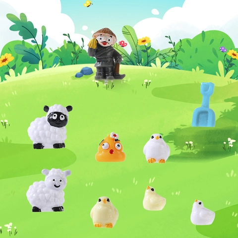 Farm Animal Micro Landscape Ornaments Resin Miniature Figurines Sheep Chicken Farmer DIY Garden Potted Plants Decor